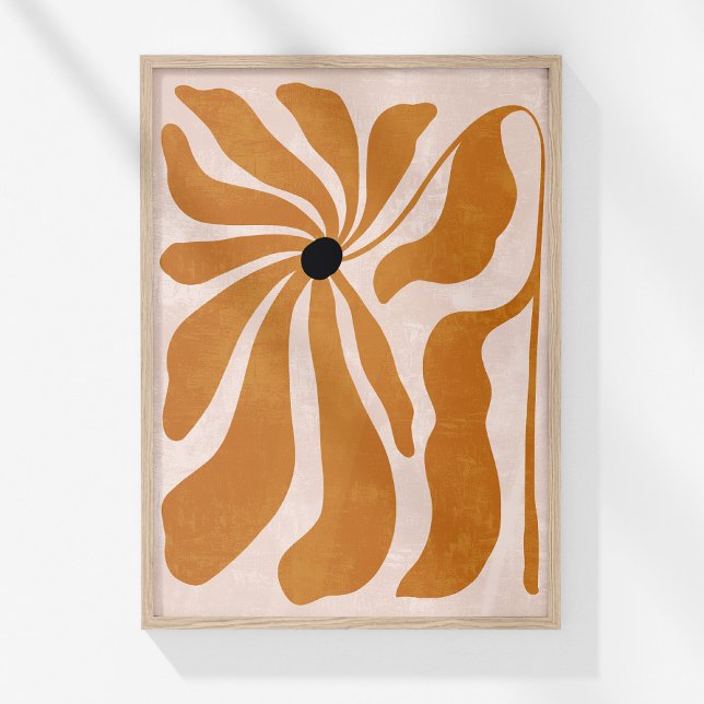 Poster Super Burnt Orange Beige Abstrait Floral Wall Art (Boho Burnt Orange Beige Abstract Floral Wall Art in a wooden frame on a sunny white wall.)