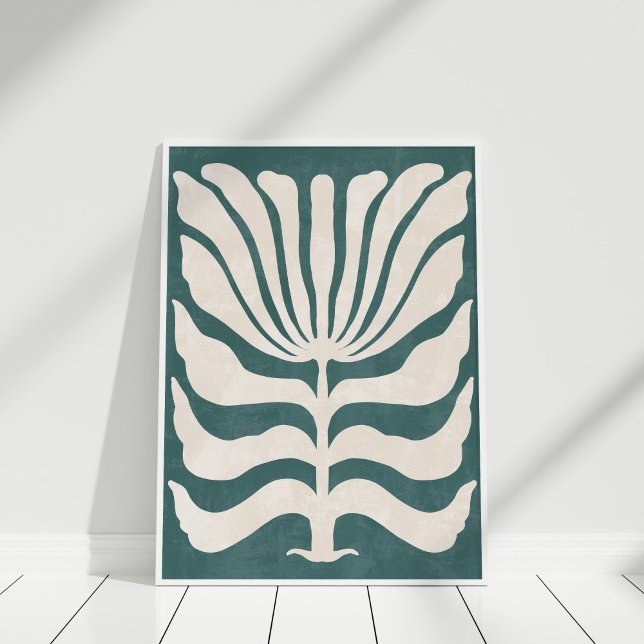 Poster Super Dusty Turquoise Flower Wall Art (Boho Blue and White Abstract Flower Wall Art in a white frame against white wall.
)