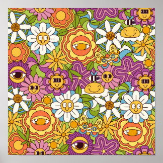Poster Super Retro Psychedelic Motif de jardin de fleurs