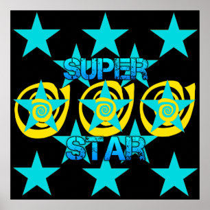 Poster Super Star Turquoise Yellow Swirls Stars Motif