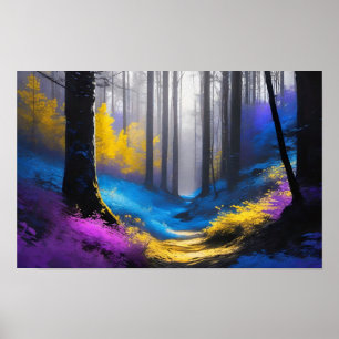 Poster Superbe forêt mystérieuse bleu jaune et violet