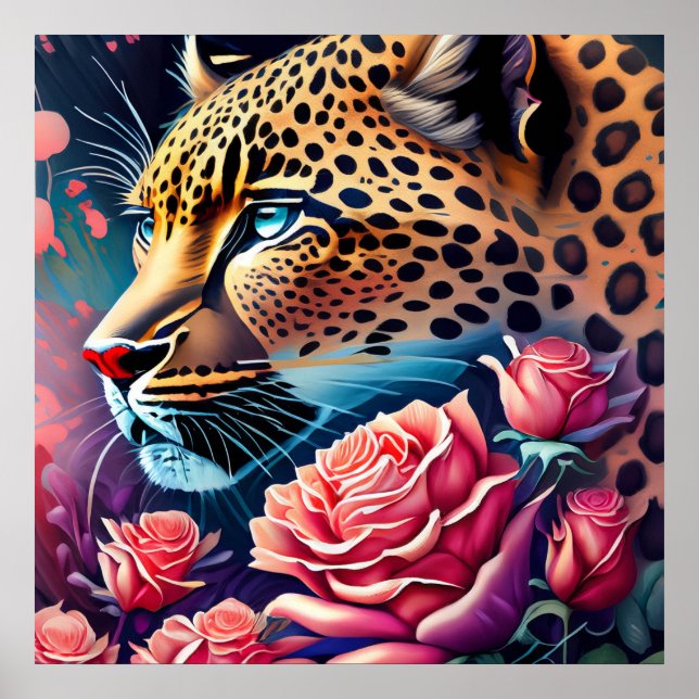 Poster Superbe léopard bleu orné de peinture Rose (Devant)