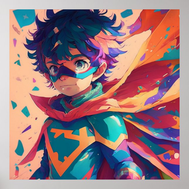 Poster Superhéros de l'Anime bleu et rouge (Devant)