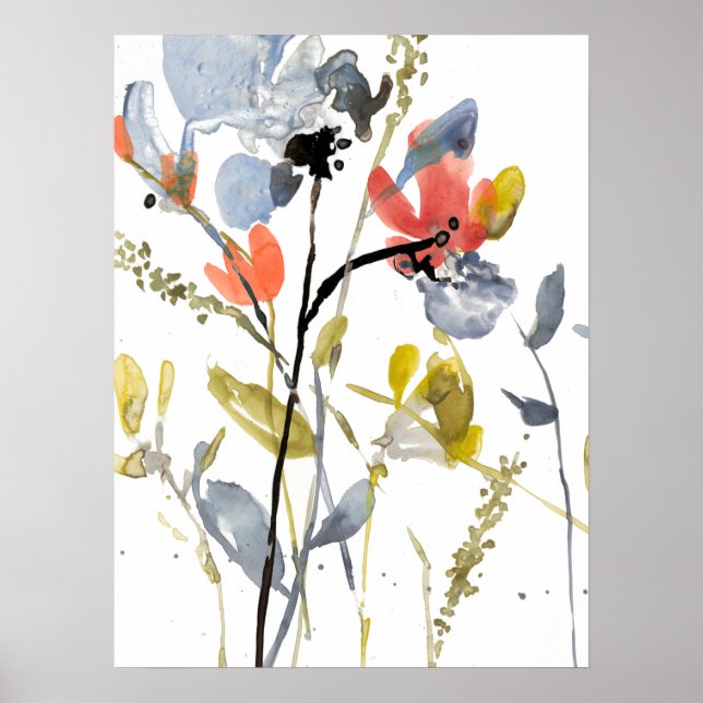 Poster Superposition de fleurs - Aquarelle Fleurs et tige (Devant)