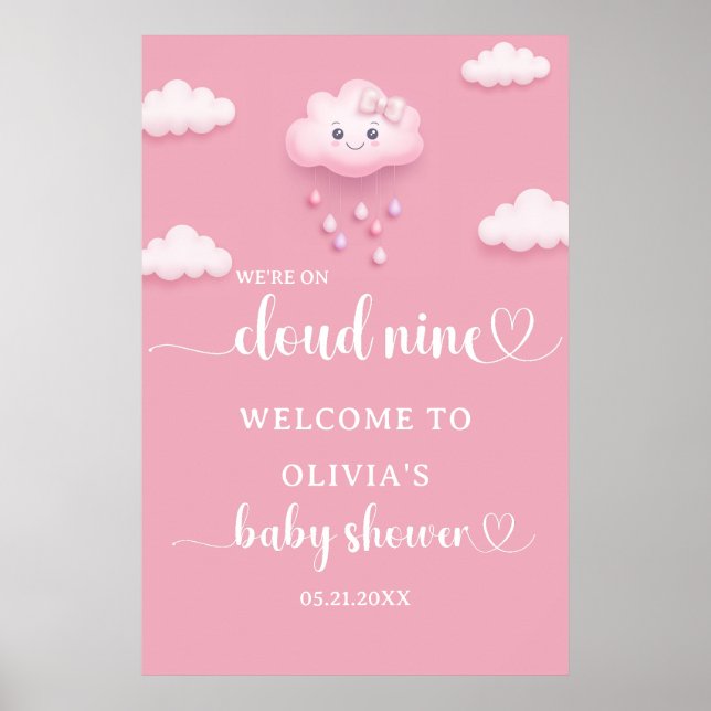 Poster Sur Cloud Neuf Baby shower rose moderne Bienvenue (Devant)