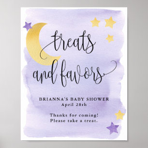 Poster Sur la Lune, Baby shower pourpre traite et favoris