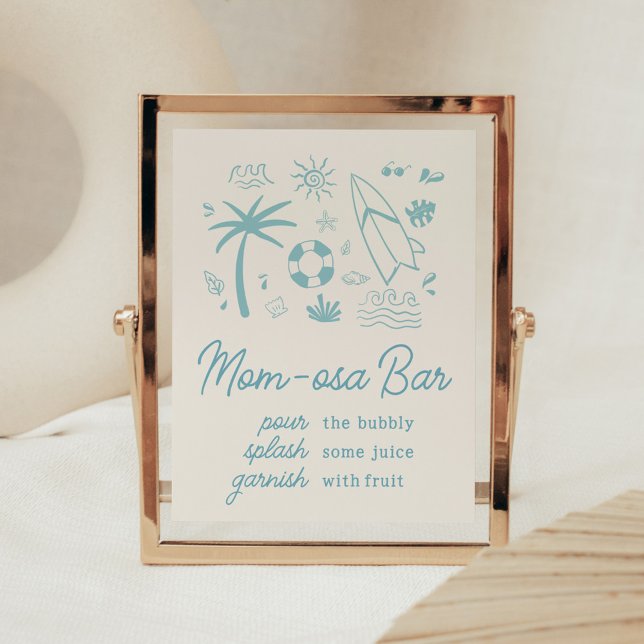 Poster Surf bleu bébé à bord Baby shower Maman Osa Bar (Blue Surf Baby on Board Baby Shower Mom Osa Bar Sign)