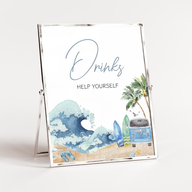Poster Surf Board Beach Baby shower Boissons (Surfing Summer Baby Shower Drinks Sign)