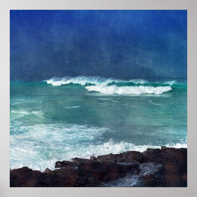 Poster Surf hawaïen Vagues océaniques Aqua Turquoise Blue (Devant)