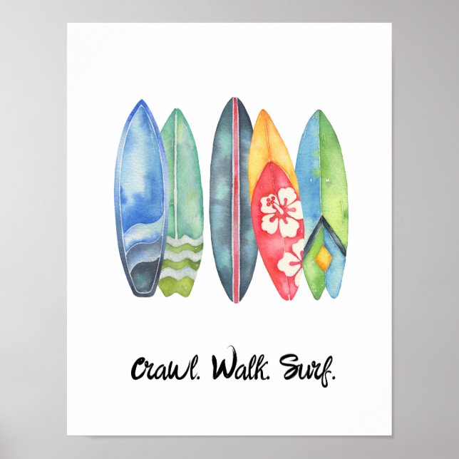 Poster Surf Watercolor Baby Nursery Print Surfboards (Devant)