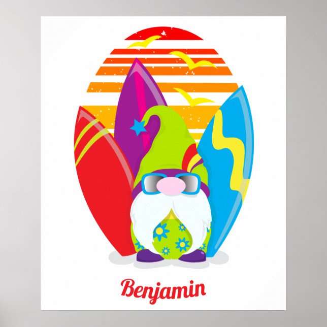 Poster Surfant Gnome Été Coloré (Devant)