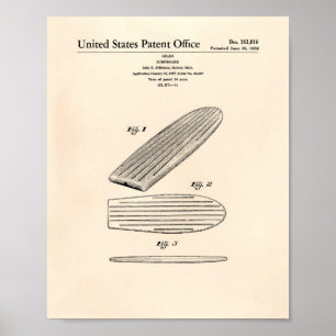 Poster Surfboard 1958 Patent Art Old Peper