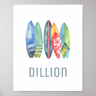 Poster Surfboard Watercolor Custom Name Print