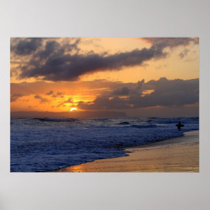 Poster Surfer at Sunset on Kauai Beach, Niihau on Horizon