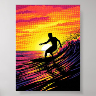 Poster Surfer dans une pop-art Sunset