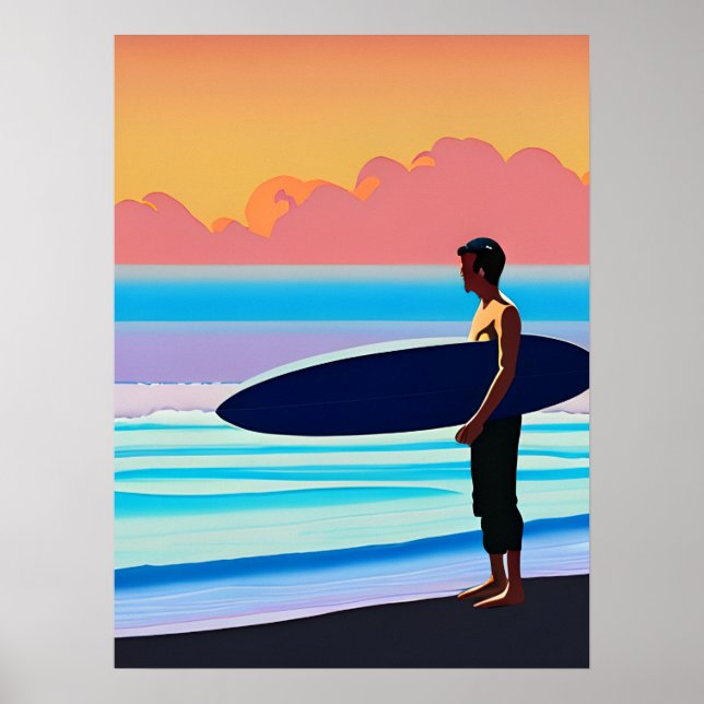 Poster Surfer debout sur une plage au coucher du soleil (Devant)