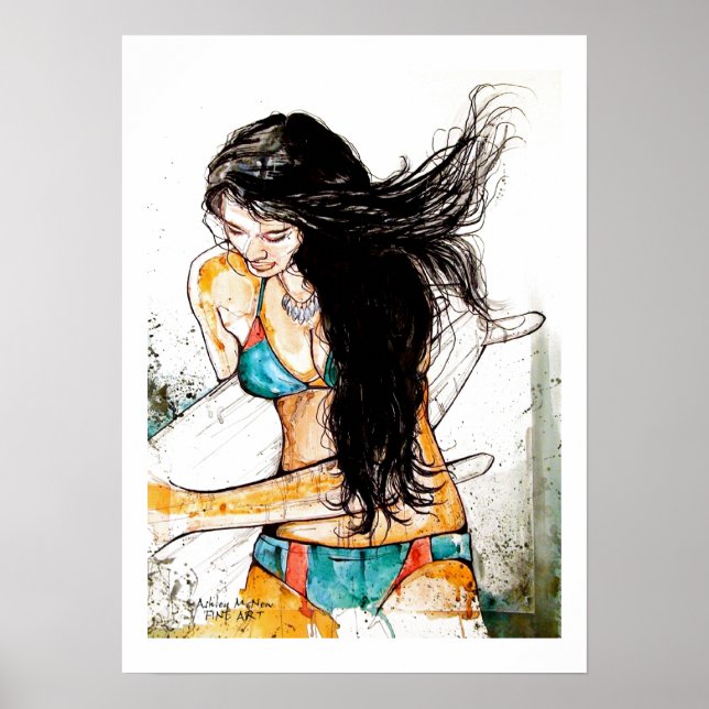 Poster Surfer Girl cheveux soufflé (Devant)