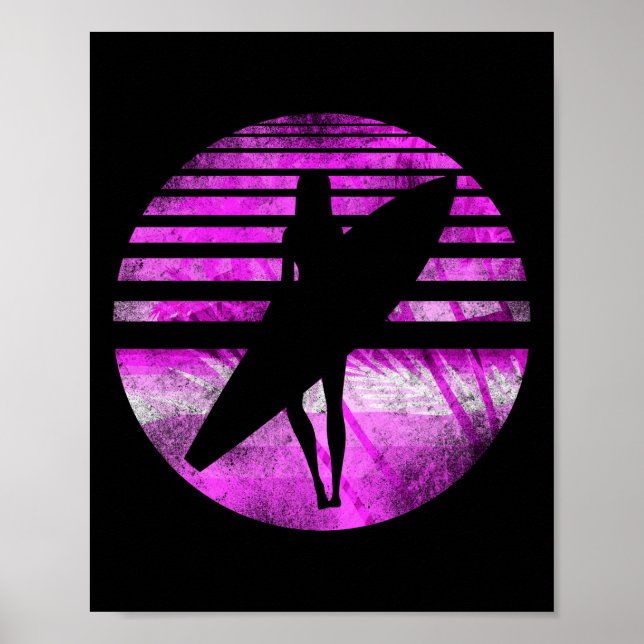Poster Surfer Girl Surfboard Sunset Palm Tree (Devant)