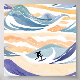Poster Surfer la Vague Océan Aquarelle Contemporaine
