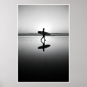 Poster Surfer noir et blanc au coucher du soleil