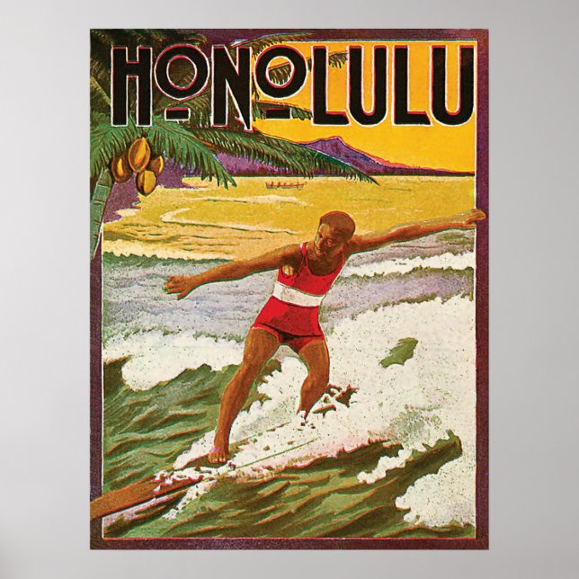 Poster Surfer sur la plage tropicale Honolulu, voyage vin (Devant)