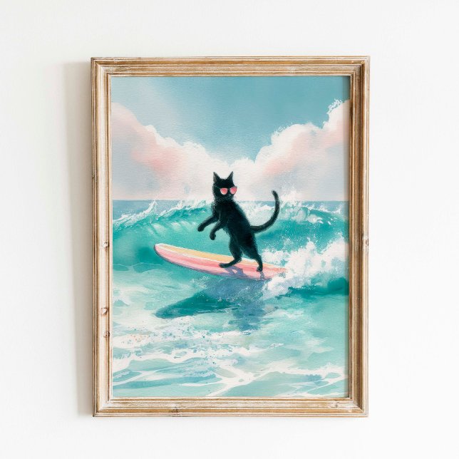 Poster Surfer Whimsical Black Cat aquarelle Art (Créateur téléchargé)