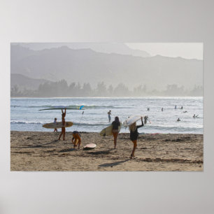 Poster Surfeurs du soir, baie de Hanalei, Kauai