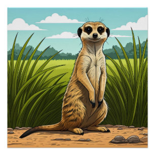 Poster Suricate debout en alerte dans un champ d'herbe