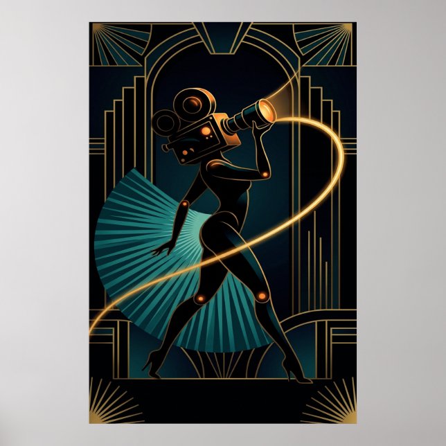 Poster Surreal Art Deco Camera Woman Gold Silhouette (Devant)