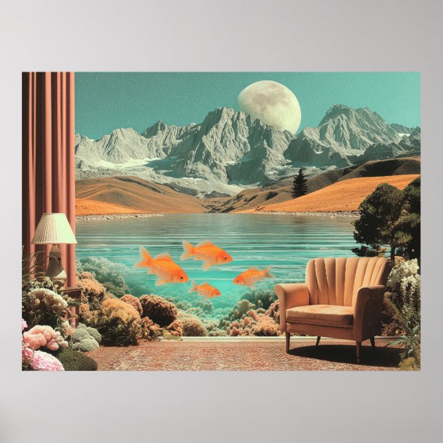 Poster Surreal Interior with Fish and Moonlit Landscape (Devant)