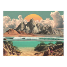 Surreal Ocean and Mountain Landscape with Waves