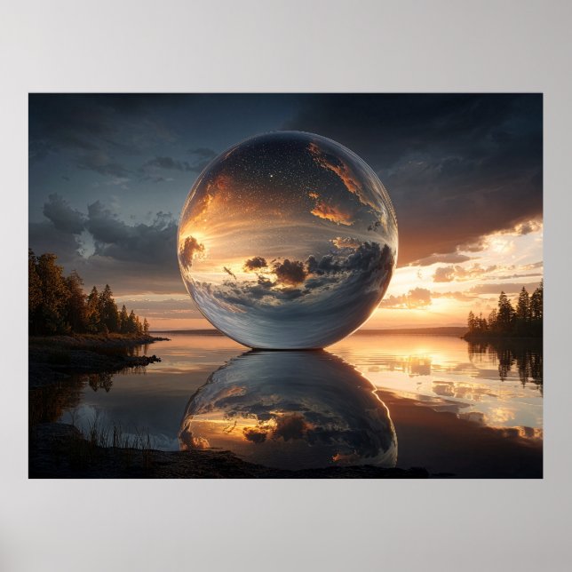 Poster Surreal Reflective Sphere With Sunset Clouds Over  (Devant)