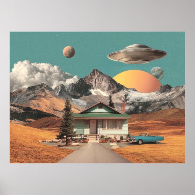 Poster Surreal UFO Over Rustic House (Devant)