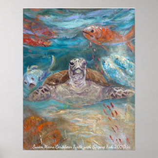 Poster Susan Mains Turtle avec Singer Fish Caribbean