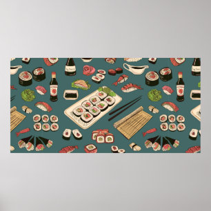 Poster Sushi coloré et rouleaux sans couture motif, exce