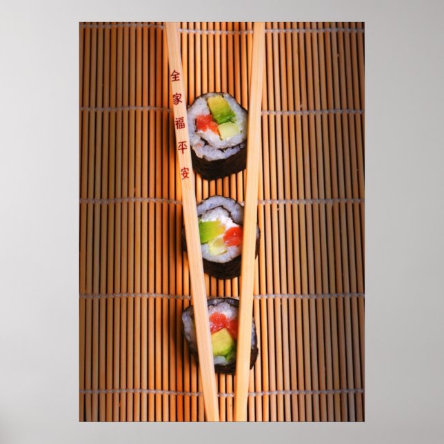 Poster Sushi et baguettes en bois (Devant)