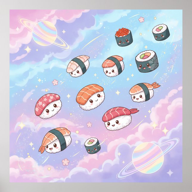 Poster Sushi Flying in Pastel Galaxy Sky (Devant)