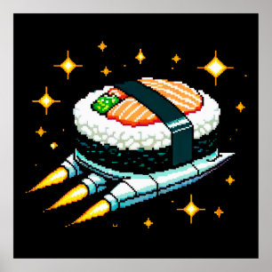Poster Sushi Spacship Pixel Art Flying Sushi Roll Design