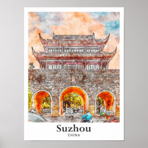 Poster Suzhou Chine Voyage Aquarelle Croquis main tiré