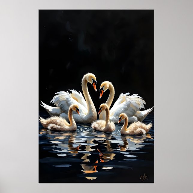 Poster Swan Family on Black Lake Artwork (Devant)