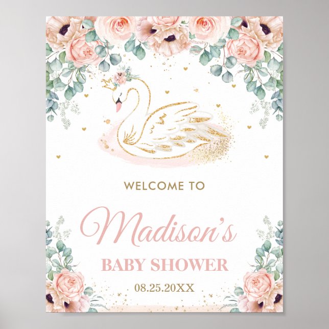 Poster Swan Princess Blush Floral Baby shower Bienvenue (Devant)