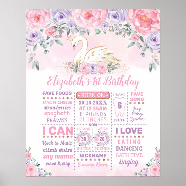 Poster Swan Princess Pink Purple 1er Anniversaire Jalon (Devant)