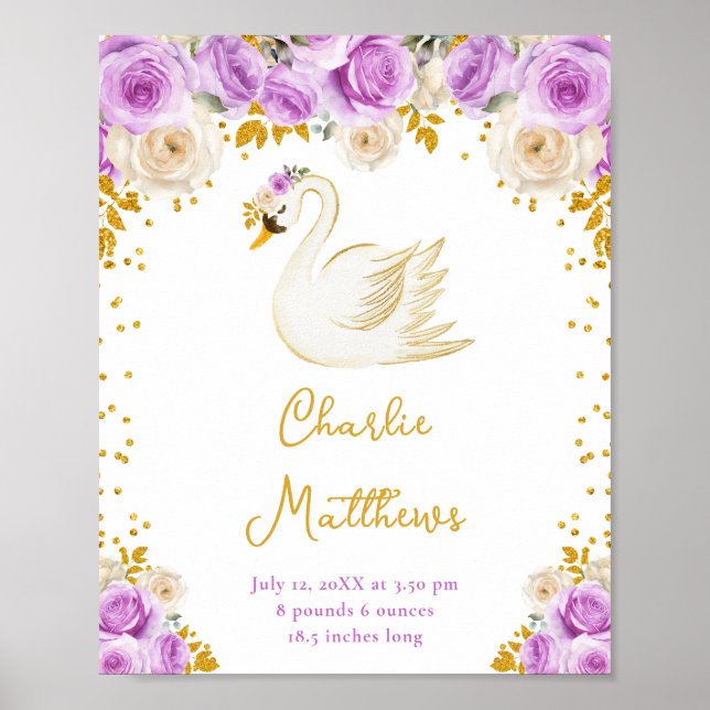 Poster Swan Purple et Gold Roses statistiques de naissanc (Devant)