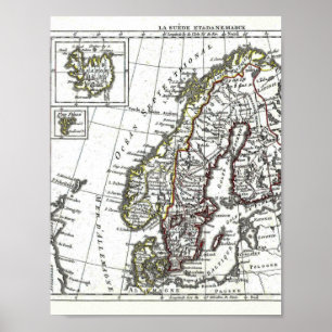 Poster Sweden Iceland Norway Denmark Map