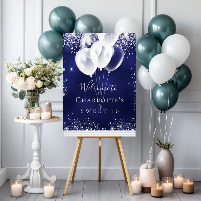 Poster Sweet 16 bleu marine ballons blancs bienvenue (Créateur téléchargé)
