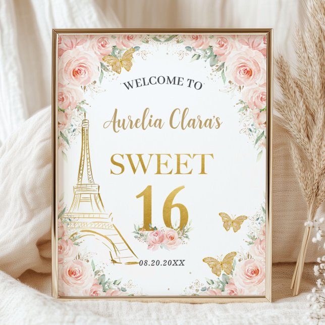 Poster Sweet 16 Blush Floral Paris Eiffel Champagne (Créateur téléchargé)