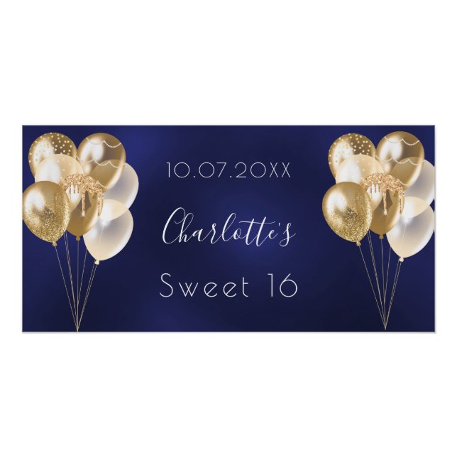 Poster Sweet 16 marine bleu ballon d'or fête (Devant)