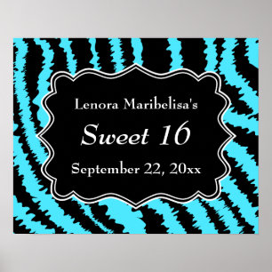 Poster Sweet 16 Motif Zèbre noir et Turquoise