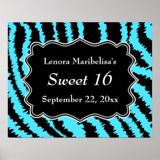 Poster Sweet 16 Motif Zèbre noir et Turquoise
