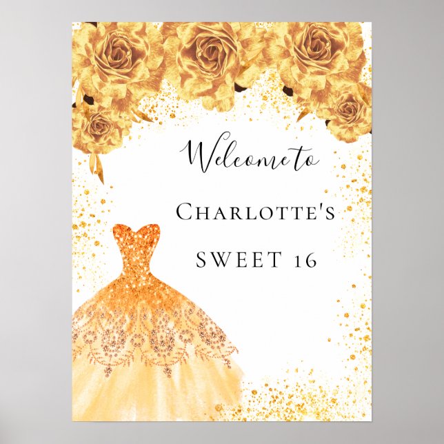 Poster Sweet 16 or blanc robe florales fête bienvenue (Devant)